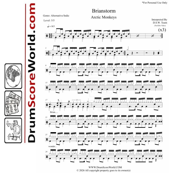 Arctic Monkeys - Brianstorm - Drum Sheet + Play-Along Track